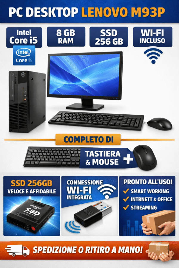 PC Desktop Lenovo M93p i5 8GB RAM SSD 256GB WiFi Win 11 Pro + Tastiera e Mouse – Pronto all’Uso